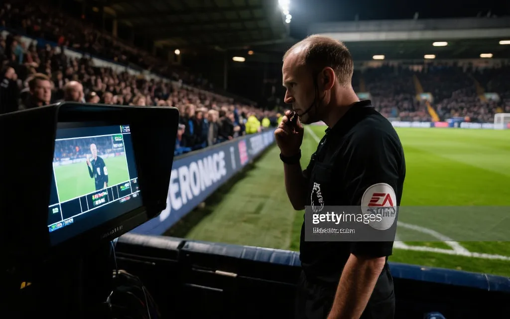 裁判在球场边查看回放屏幕，观众紧张凝视，强烈对比光影