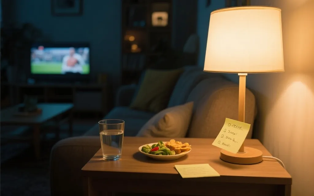 深夜观赛的居家场景：柔和灯光、桌上有水和健康小食、旁边放着写有次日待办的便签