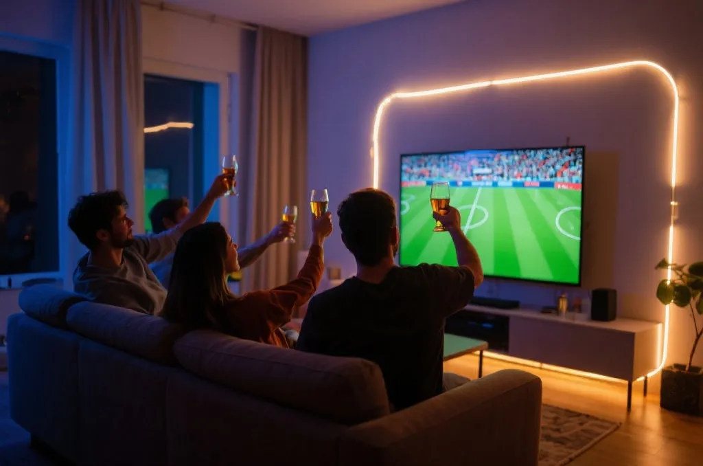 家庭世界杯观赛灯光氛围与好友互动场景